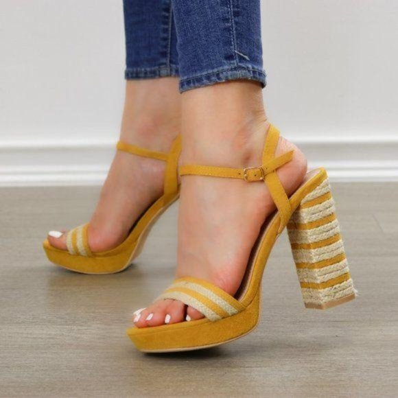 Shoes - Espadrille Heel Yellow Open Toe Platform Sandal